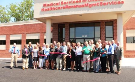 VIP guests celebrate new Medical Services of Chattanooga Healthcare Revenue Management Services building with commemorative Ribbon Cutting.