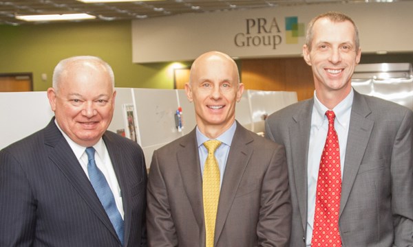 Left to right: Norfolk Mayor Paul D. Fraim celebrates the expansion of PRA Group's Norfolk, Virginia, headquarters with CEO Steve Fredrickson and CFO Kevin Stevenson.