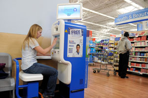 The SoloHealth Station gives consumers free and convenient access to health care by allowing them to screen their vision, blood pressure, weight, and body mass index (BMI) -- or any combination of the four--in seven minutes or less for free according to the manufacturer (Photo by Jack Gruber/USA Today).